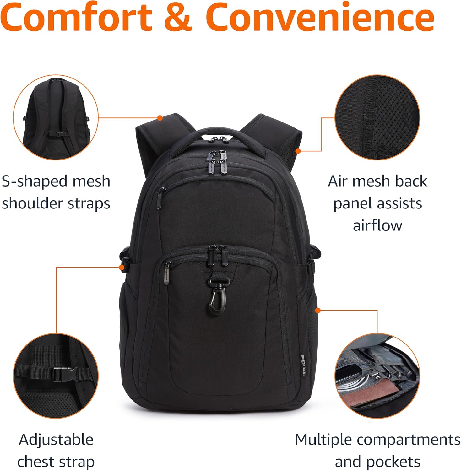 Travel Laptop Backpack with Multiple Pockets and Compartments for 17 in / 43.1 Cm Laptop, Water Resistant, Spacious with Padded Shoulder Straps, Black