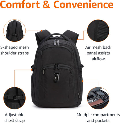 Travel Laptop Backpack with Multiple Pockets and Compartments for 17 in / 43.1 Cm Laptop, Water Resistant, Spacious with Padded Shoulder Straps, Black